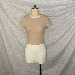 Tan Ribbed Tee Shirt Tight Fitted Short Sleeve Cropped